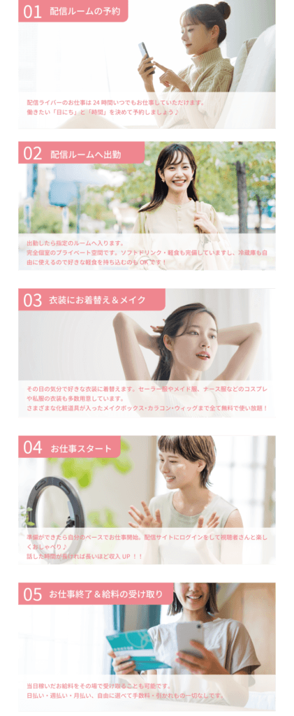 ライバーラビット宮崎での1日の流れについて 配信ルームの予約/24時間いつでもお仕事できます!働きたい日にちと時間を決めて予約しよう♪・配信ルームへの出勤/出勤の日にルームへ入ります。完全個室のプライベート空間はソフトドリンクや軽食も完備してあります!・衣装にお着換え/その日の気分で好きな衣装に!コスプレもありますし自分の私服でもOK!化粧道具やカラコン、メイク道具も使い放題!・お仕事スタート/準備ができたら自分のペースでお仕事開始!話した時間が長いほど給料もアップ!・お給料受け取り/当日稼いだお金をその場で受け取ることも可能です。日払い、週払い、半月払い、月払いと自由に選べます!手数料や引かれ物は一切ありません!